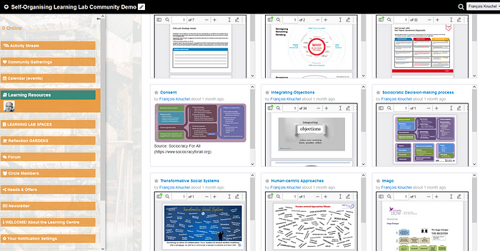 Learning Lab with menu on left, and in middle/right miscellaneous documents, videos and graphics presented in gallery format as learning resources.